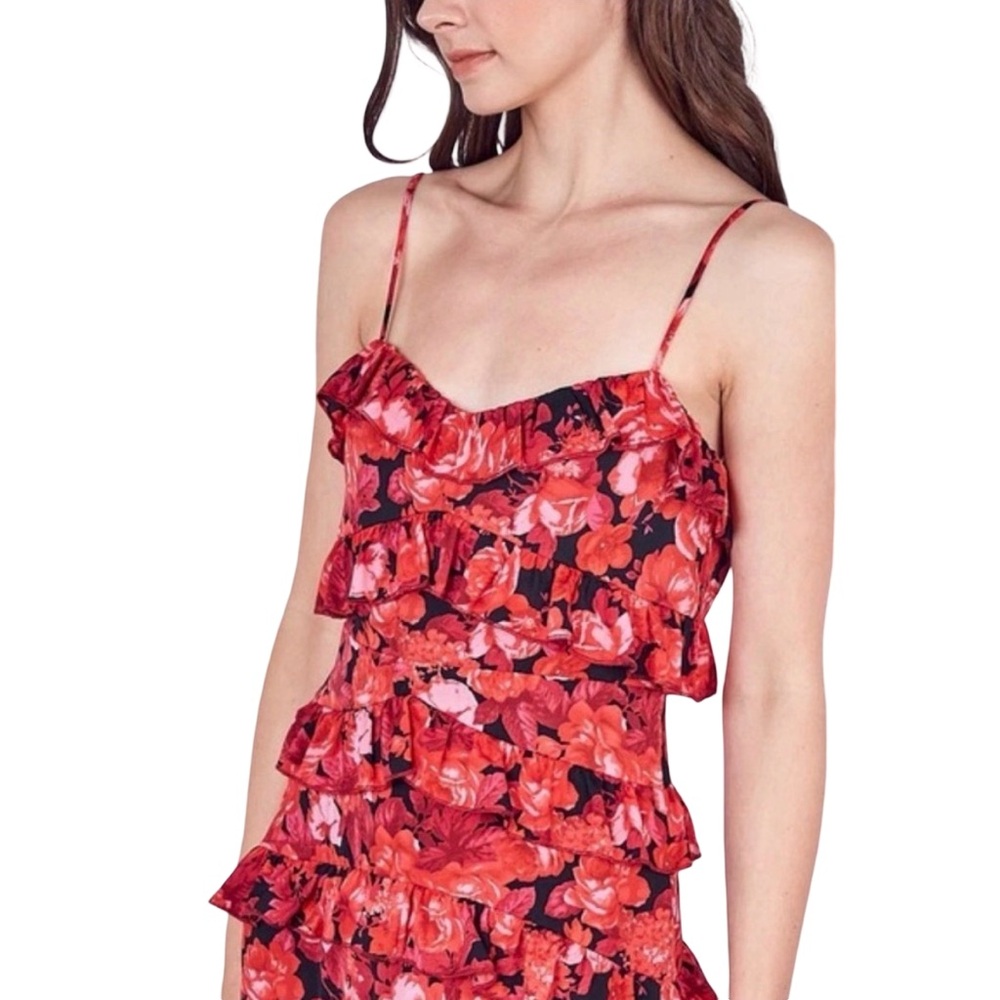 DO+BE Red and Pink Floral Ruffle Spaghetti Strap Dress